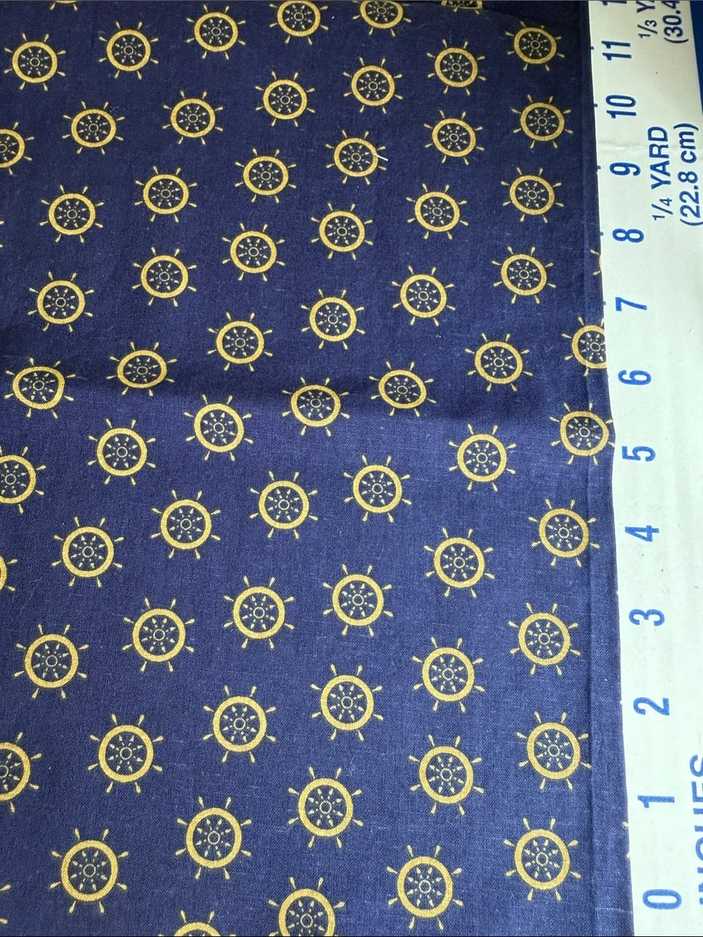 Vintage Joan Pace Baker Nautical Prints Cotton Fabric Ship Wheel Navy Gold